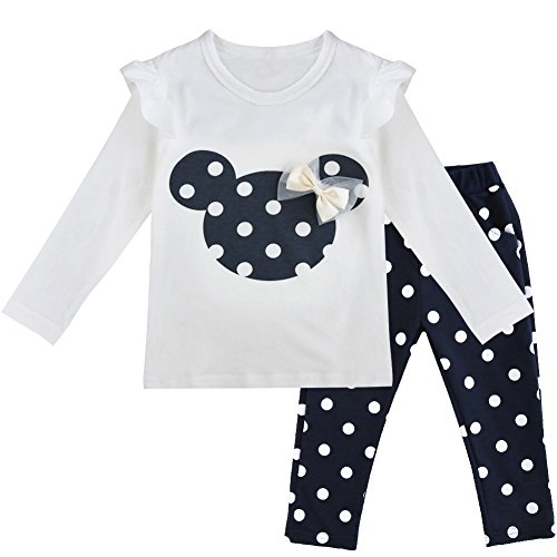 TiaoBug 2pcs Baby Girls Kids Bowknot T-shirt Tops + Polka Dots Pants Trousers Outfits Set 12-18 Months Navy Blue