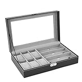 Autoark Aufbewahrungsbox für Armbanduhren und Sonnenbrillen, Platz für 6 Uhren und 3 Brillen, schwarz, Kunstleder, AW-U04