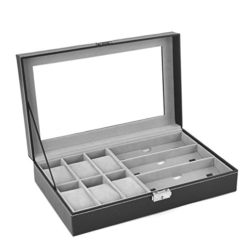 AUTOARK PU-Leder 6 Uhren Box Jewelry Case und 3 Stück Brillen Aufbewahrung und Sonnenbrille Brille Display Fall Organizer,Schwarz,AWU-004