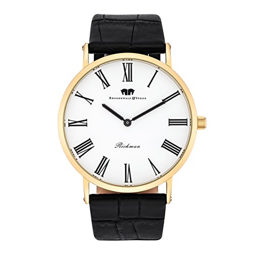Rhodenwald & Shne Richman Damen-Herren-Uhr Quarzuhr Edelstahl gold/wei 3 ATM Przisions-Quarzwerk Stunde/Minute Lederarmband schwarz - Echtleder-Armband Armband-Uhr analog Rhodenwald & Shne Richman Damen-Herren-Uhr Quarzuhr Edelstahl gold/wei 3 ATM Przisions-Quarzwerk Stunde/Minute Lederarmband schwarz - Echtleder-Armband Armband-Uhr analog