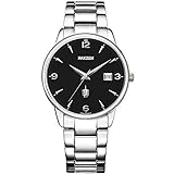 NAKZEN Business Quartz Herrenuhr Day and Date Herren Classic Big Dial Tower Uhren Wasserdichte Armbanduhr Blaues Lederband und römische Ziffern schwarz (SS Black)