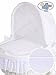 **BRAND NEW LUXURY WHITE WICKER CRIB / MOSES BASKET / BASSINET WITH HOOD, SOLID WHITE WOODEN BASE, WHITE WITH LACE BEDDING SET + BRITISH MADE MATTRESS