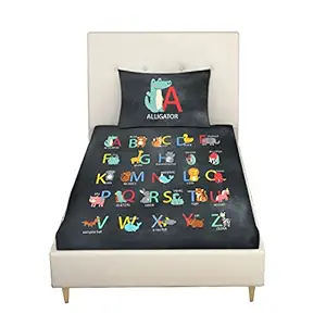 Hopcara Kids ABCD Alphabetic bedsheet Velvet Printed Single Bedsheet (65x100 Inches/250CT) with 1 Matching Pillow Cover -Chalkboard Color