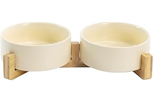 SPUNKYJUNKY Keramik Doppel Futternapf mit Bambus Ständer für Katzen und Hunde (400ml, Beige)