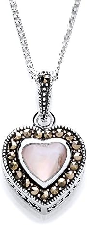 MiChic Silver Heart Shaped Pendant with Pink Mother of Pearl and Marcasite Stones on a 46 cm Curb Chain