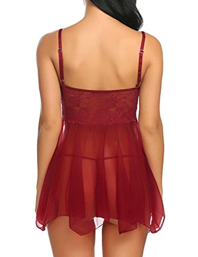 ADOME Spitze Negligee Sexy V-Ausschnitt Babydoll Lingerie Nachtwäsche Kleid Dessous Set für Damen mit Unregelmäßiger Saum und string Rot EU L