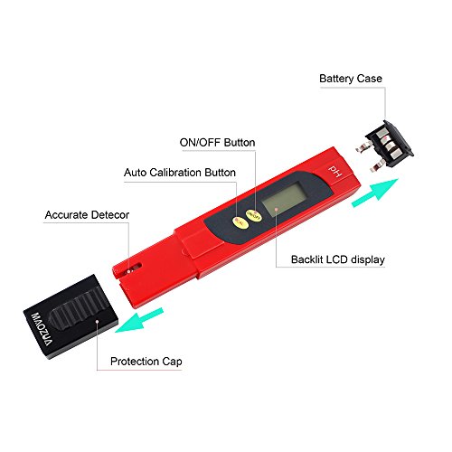 MAOZUA Automatische Kalibrierung PH-Meter ATC-Funktion Wasserqualität Tester mit beleuchtetem LCD-Display 6 Set PH Puffer Pulver, ± 0.01pH Hohe Genauigkeit, 0.00-14.00 Messbereich und 0.01 Auflösung Maß für Haushalt Trinkwasser Hydroponic Aquarium Spa Pool (RED) - 3