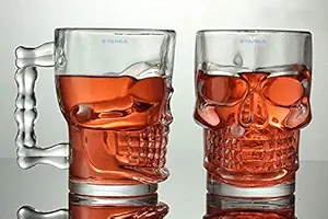 SYANKA Skull Beer Mugs Set of 2, 520 ML, Clear, Halloween Face Shap Design Stylish Large Beer Mug Glass, Big Size, Perfect for Gift