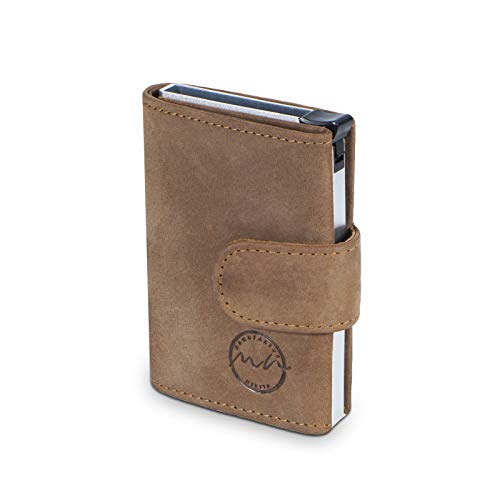 MANUFAKTUR NIKITA® POP-UP Kreditkarten-Etui mit RFID NFC Schutz für 10 Karten Wallet mit Fach für Scheine aus echtem Leder für Damen und Herren mit Geschenkbox (Variante ohne Münzfach braun)