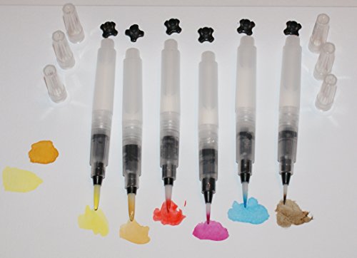 6 Stück Mobile Wasserfarben Wasserpinsel Aquarellfarben Pinsel / Stifte Wiederauffüllbar Malen unterwegs mobil mit Wassertank – 3 verschiedene Pinsel
