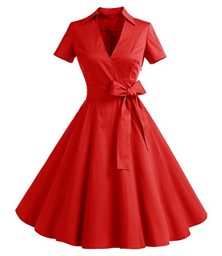 Timormode Robe Années 50's Audrey Hepburn Rockabilly Swing,Plissé Robe à Manches Courtes 10084Red 3XL
