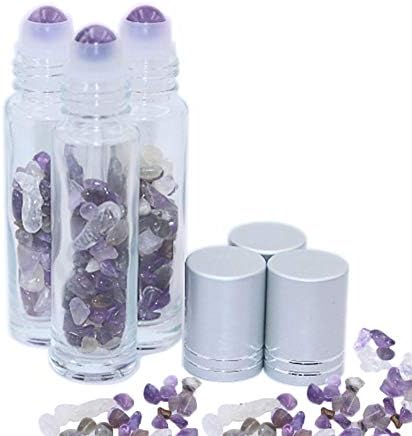 Gemstone Roller Bottles for Essential Oils 3 Pack Aromatherapy Roll On Containers with Healing Crystal Chips Inside,10ml Travel Sample Glass Roll On Bottles Semiprecious Stones Bottle by Constore