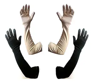 Aadishwar Creations Cream and Black Colour Full Sleeve Sun Protective Hand Gloves