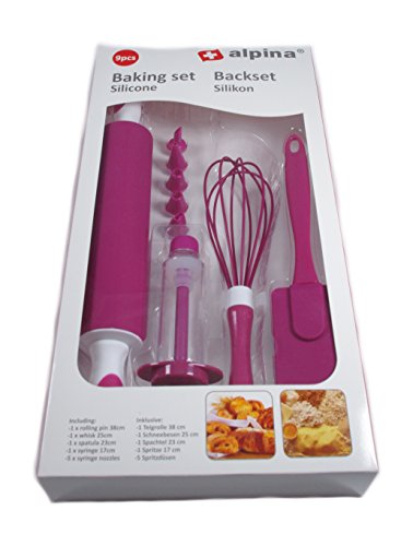 9-teiliges Silikon Backset – Teigrolle, Schneebesen, Teigschaber, Spritztülle & 5 Spritzdüsen in Pink - 3