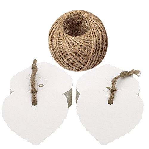 100 pz Etichette in cartone Kraft con cordino in juta (30 mt) - Ideale per regalo, bomboniere (Bianco)