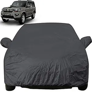 Autofact Car Body Cover with Mirror Pockets Compatible for Mahindra Scorpio (Triple Stitched, Bottom Fully Elastic, Dark Grey)