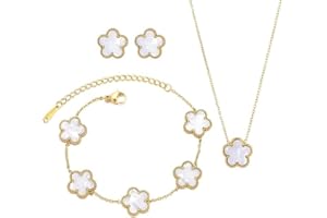 GiantGo 18K Gold Plated Clover Lucky Bracelet Clover Earrings Clover Necklace for Women White/Black/Red/Green Flower Four Leaf Link Bracelets Trendy Jewelry Gifts for Women 3 PCS