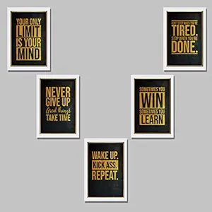 Crafts Set Of 5 Gym Motivational Quotes Framed Poster Print For Gym & Workout Space Wall D cor, Color - White (Size - 5 Frames Of 8x10 Inch)