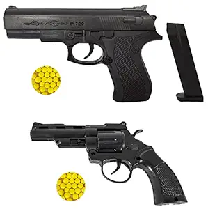 Humaira Pistol 729 and Revolver Plastic Toy Gun, Black with 8 Round Reload and 6 mm Plastic BB Bullets for Kids Boys