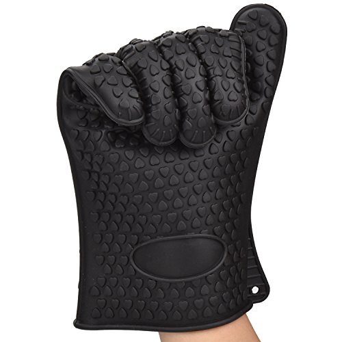 Topflappen Silikon, eLander Ofenhandschuhe Grill Zubehör Home Kitchen Tools für Indoor Outdoor ,Kochen, Backen,Widerstandshochtemperatur, Wärmedämmung, Einsatz als Grillhandschuh oder Topflappen – 1 Paar(Schwarz) - 2