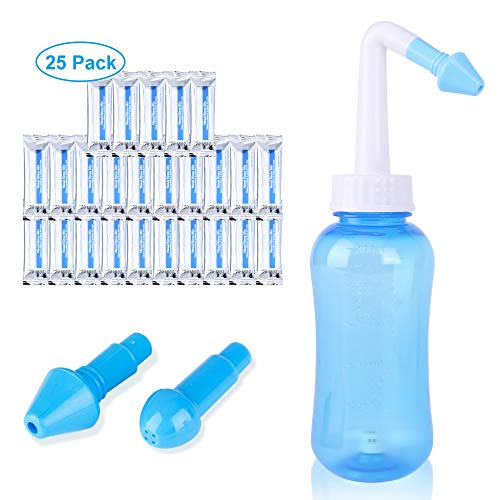 Kit de enjuague nasal, pote Neti de 300 ml con sal de lavado de nariz de 25 paquetes, hidro nasal ajustable, limpiador de lavado para adultos y niños, alivio de alergias y senos nasales