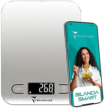 TECHMADE - Bilancia da Cucina Digitale | Sensori Alta Precisione | Display LED Luminoso | App con Calcolatrice Nutrizionale | Funzione Tara | Diario Alimentare, Silvet, Acciaio Inossidabile