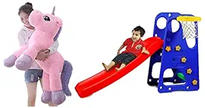 Webby Big Size Funny Unicorn Stuffed Animal Plush Toy, 100CM, Pink & Webby Premium Foldable Garden Slide with Adjustable Height, Basketball Ring for Kids, Multicolor