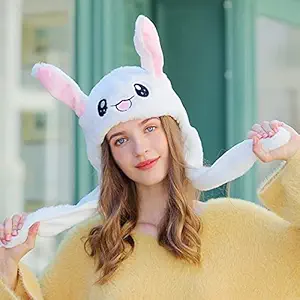 Kiditos Plush Rabbit Moving Ear Funny LED Glowing Headwear Bunny Hat Cap for Women Girls, White