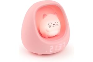 Bigben Veilleuse Réveil Enfant, Chat, Lumineux et Musical, Sons Apaisants et Bruits Blancs, Lumière Réglable au Toucher, Minuterie et Batterie Rechargeable USB-C, Fille et Garçon - NESTKIDSCAT