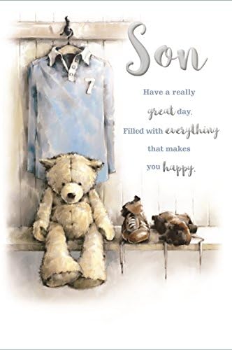 Son Birthday Card - Big Teddy Bear, Blue Football Shirt &amp; Brown Boots 9" x 6"