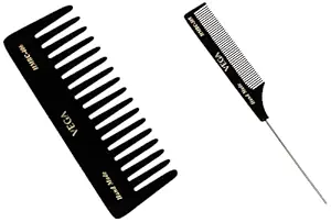 Vega Large Shampoo Comb, Black - 1 Pc & Vega Tail Comb with Steel Pin and Fine Tooth, Black
