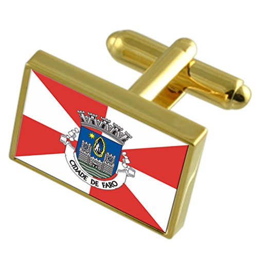 Preisvergleich Produktbild Die Stadt Faro Portugal Gold Manschettenknöpfe graviert Box