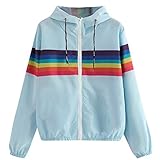 iHENGH Neujahrs Karnevalsaktion Damen Herbst Winter Bequem Mantel Lässig Mode Jacke Frauen Langarm Regenbogen Streifen Patchwork Sweatshirt Mit Kapuze Mantel Bluse