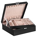 SONGMICS Boîte à Bijoux, Coffret à Bijoux, 2 Niveaux, Grande capacité, pour Bracelets, Boucles d'Oreilles, Porte-bagues, Broches, Colliers, Noir JDS305B