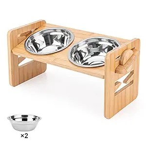 DUDUPE Elevated Dog Bowl Stand Bamboo Raised Cat Food Water Bowls Holder for Small Medium Pet Feeder with 6 Adjustable Heights, 2 Stainless Steel Bowls, Anti-Slip Feets, Anti-Noise Pieces
