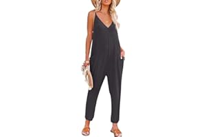 Haibang Mono Mujer Verano Largo Sin Mangas Cuello en V Peto Mujer Verano Casual Elegante Sueltos Jumpsuit Espaguetis Monos Pantalón con Bolsillos Talla Grande Overol Informal Holgado Romper Playsuit