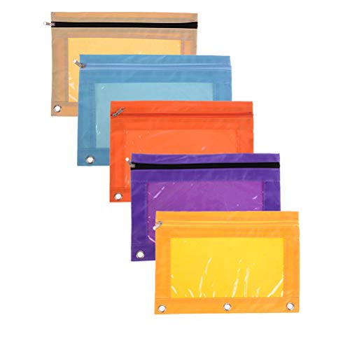 5 Pack 3-Ring Zippered Pencil Pouch Ring Binder Pencil Pouch Pencil Bag with Transparent Plastic Window Binder Pocket Case Office School Student Classroom Stationery Bag
