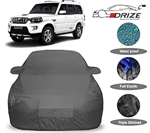 DRIZE Prime Quality Car Body Cover for Mahindra Scorpio with Mirror Pockets-Triple Stitched-Fully Elastic-Ultra Surface Body Protection (Grey Look)