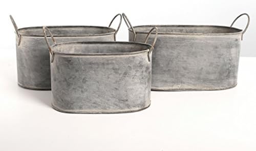 Eclectic House SET OF 3 Oval Rustic Aged Zinc Metal Planters with Handles
