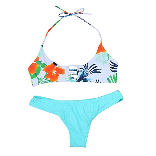Preisvergleich Produktbild Bekleidung Bikini Loveso Sommerkleider Damen Mode Blumenmuster Gepolstert Push Up BH + Blau Unterhose Strand Stil Bikini Set Badeanzug Bademode Strandkleid ((Größe):36 (M), Mehrfarbig)
