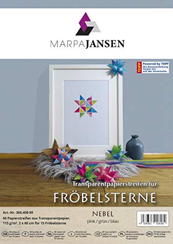 paperandpicture.de - Tiras de papel transparente para estrellas (2 x 60 cm, 60 tiras, 115 g/m2), color azul, rosa y verde