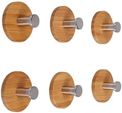 Angelbubbles Adhesive Hooks 6pcs/Pack 3M Sticker + FULL 304 Stainless Steel + Heavy Duty Bamboo (Round)