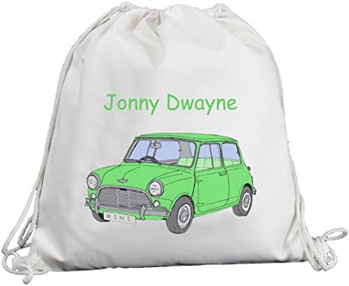 Personalised - Green Mini Car Design - Canvas Drawstring Rucksack / Backpack