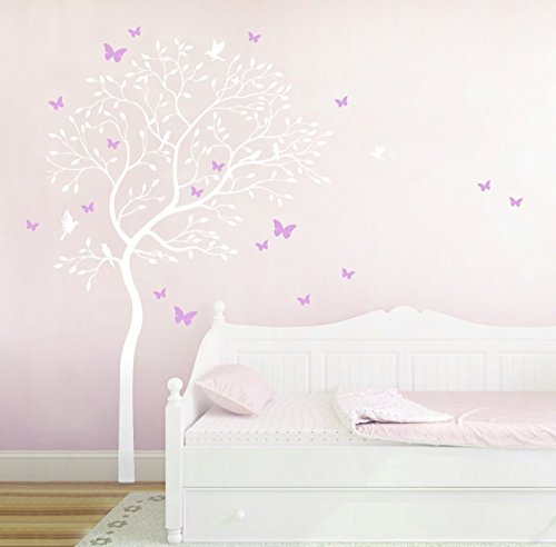 Wandtattoo Wandaufkleber Baum mit Kolibris und Schmetterlinge M1535 zweifarbig - ausgewählte Farbe: *Weiß/Flieder* - ausgewählte Größe: XL 120cm breit x 175cm hoch