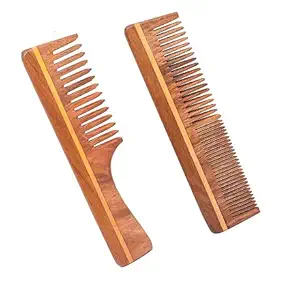 Aairaa Wide Tooth Natural Neem Wood Comb Wooden Comb For Women And Men For Hair Fall Set Of 2