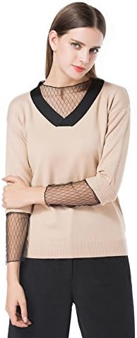 women sweater knit loose tops hollow v neck long sleeve elasticity sweatshirts pullovers . beige . one size