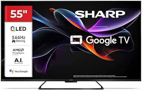 Sharp 55HR7365E - GOOGLE TV, 55" UHD, FRAMELESS, 144Hz, QLED, HDR10, Dolby Vision HDR, Google Assistant con microfono, Chromecast, Bluetooth, DOLBY Atmos 2x12W, HDMI 2.1 x4, USBx2, Colore nero