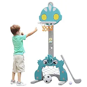 KIDS WONDER 4 in 1 Basketball Hoop for Kids Football & Golf & Ring Toss Game Sets Adjustable Height Toy Sports Activity Center for Indoor Outdoor Perfect Gift for Toddler (Ultra Man)