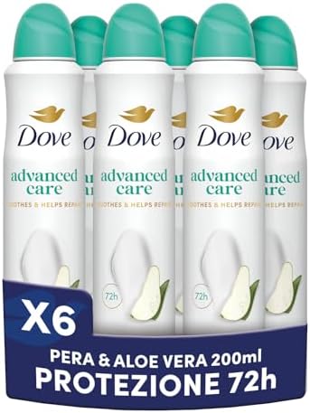 Dove Deodorante Spray Advanced Care Go Fresh Pera e Aloe Vera, con Formula Idratante e Delicata sulla Pelle, Senza Alcol, Pelle Asciutta Fino a 72 Ore, Deodorante Uomo e Donna, 6 Pezzi da 200ml