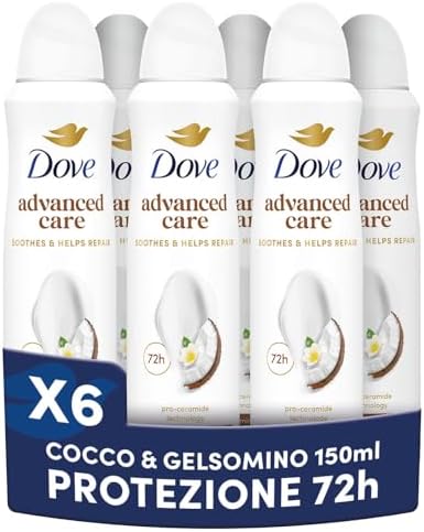 Dove Deodorante Spray Advanced Care Go Fresh Cocco e Fiori di Gelsomino, Formula Idratante e Delicata sulla Pelle, Senza Alcol, Pelle Asciutta Fino a 72 Ore, Deodorante Uomo e Donna, 6 Pezzi da 150ml